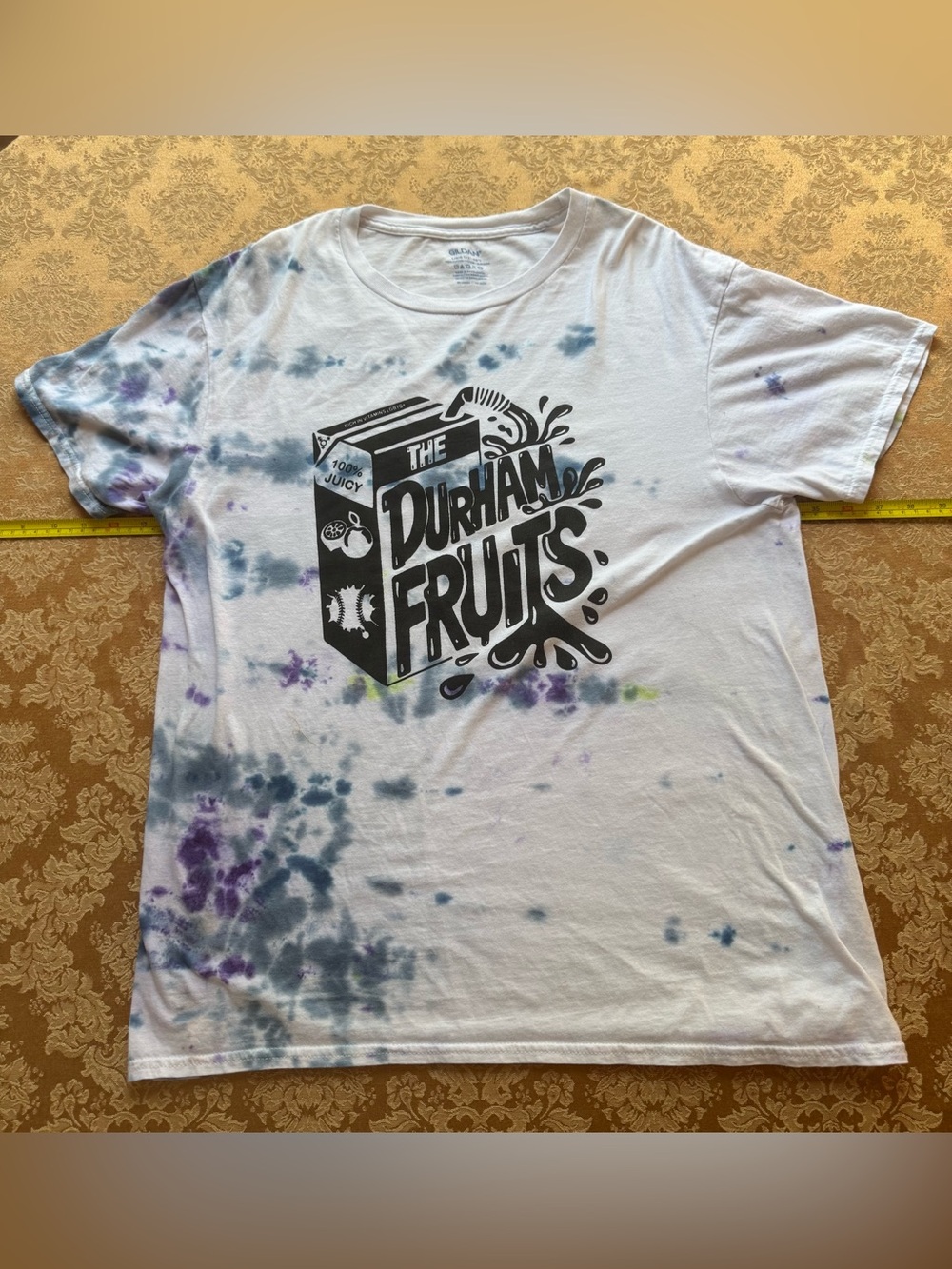 The Durham Fruits White Tie-Dye Short Sleeve Tee with Black Carton Graphic
